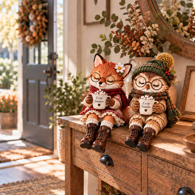 🦊🦉🐰 Cozy Christmas Animal Companion Figurines — Fox, Owl & Bunny with Warm Drink Cups