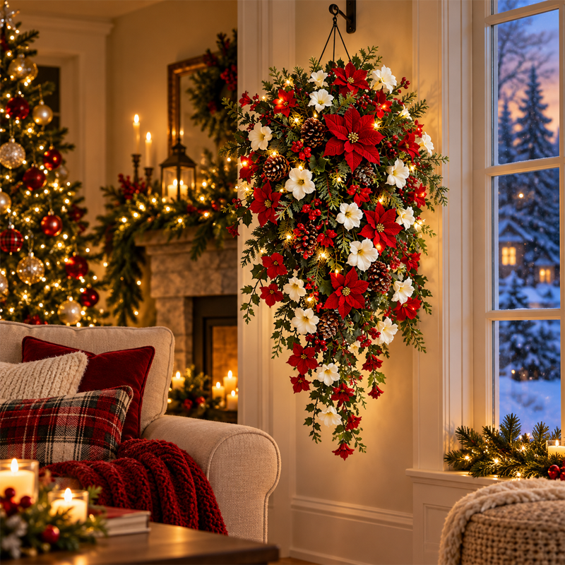 🎄Cascading Christmas Wreath -- Warm Lights, Red & White Blooms, Instant Focal Point