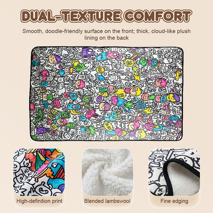 🎨 Color your own cartoon blanket – black & white graffiti, cozy lamb fleece back! 🖍️✨