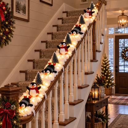 🐧✨ Penguin Staircase Decoration — Festive Illuminated Penguin Parade for Holiday Stairs