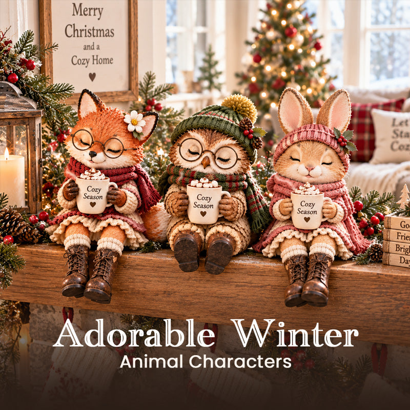 🦊🦉🐰 Cozy Christmas Animal Companion Figurines — Fox, Owl & Bunny with Warm Drink Cups