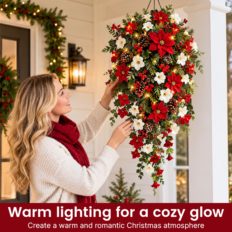 🎄Cascading Christmas Wreath -- Warm Lights, Red & White Blooms, Instant Focal Point