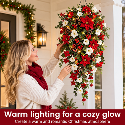 🎄Cascading Christmas Wreath -- Warm Lights, Red & White Blooms, Instant Focal Point