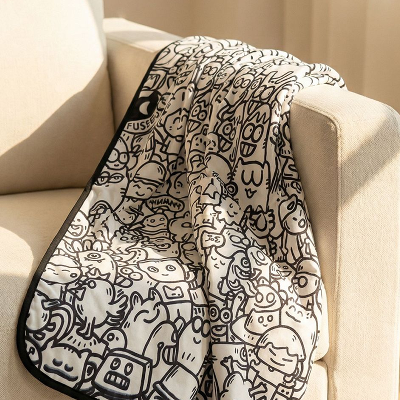 🎨 Color your own cartoon blanket – black & white graffiti, cozy lamb fleece back! 🖍️✨