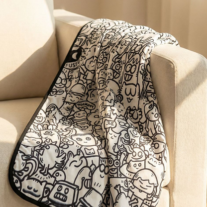 🎨 Color your own cartoon blanket – black & white graffiti, cozy lamb fleece back! 🖍️✨