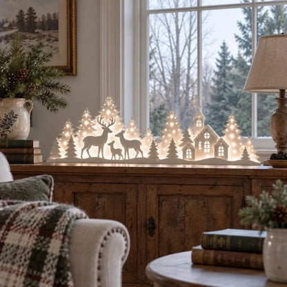 🦌 Soft-Lit Deer Village — Two-Part Christmas Windowsill Scene