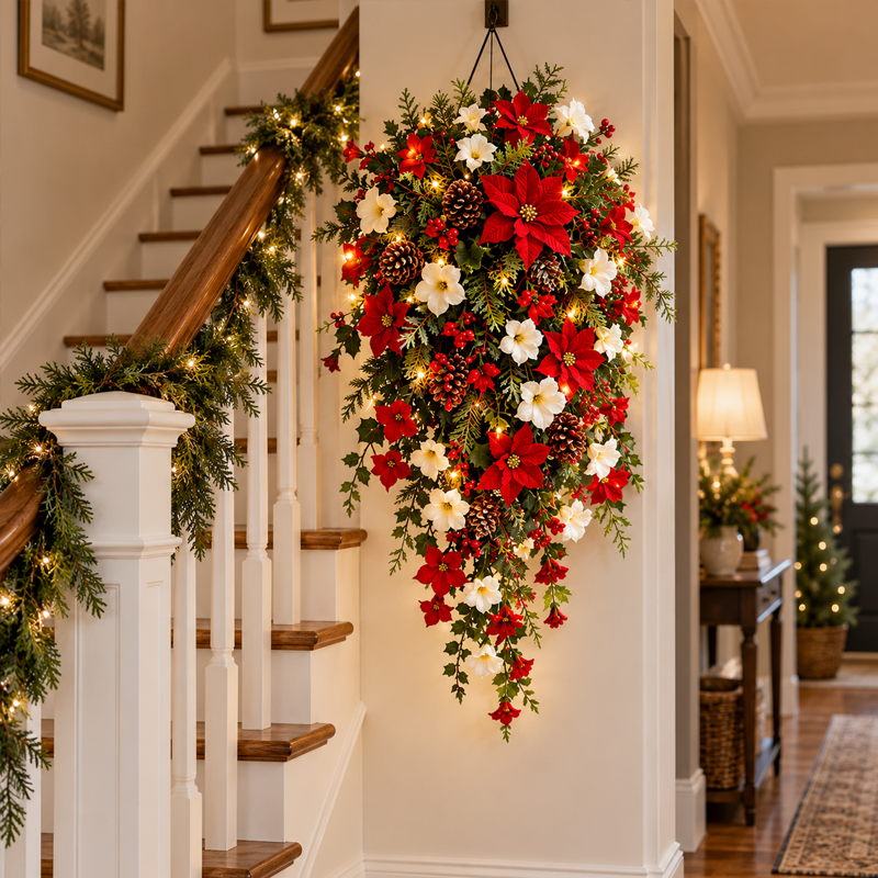 🎄Cascading Christmas Wreath -- Warm Lights, Red & White Blooms, Instant Focal Point