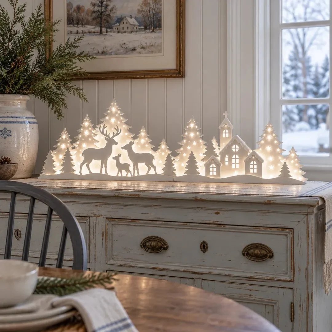 🦌 Soft-Lit Deer Village — Two-Part Christmas Windowsill Scene
