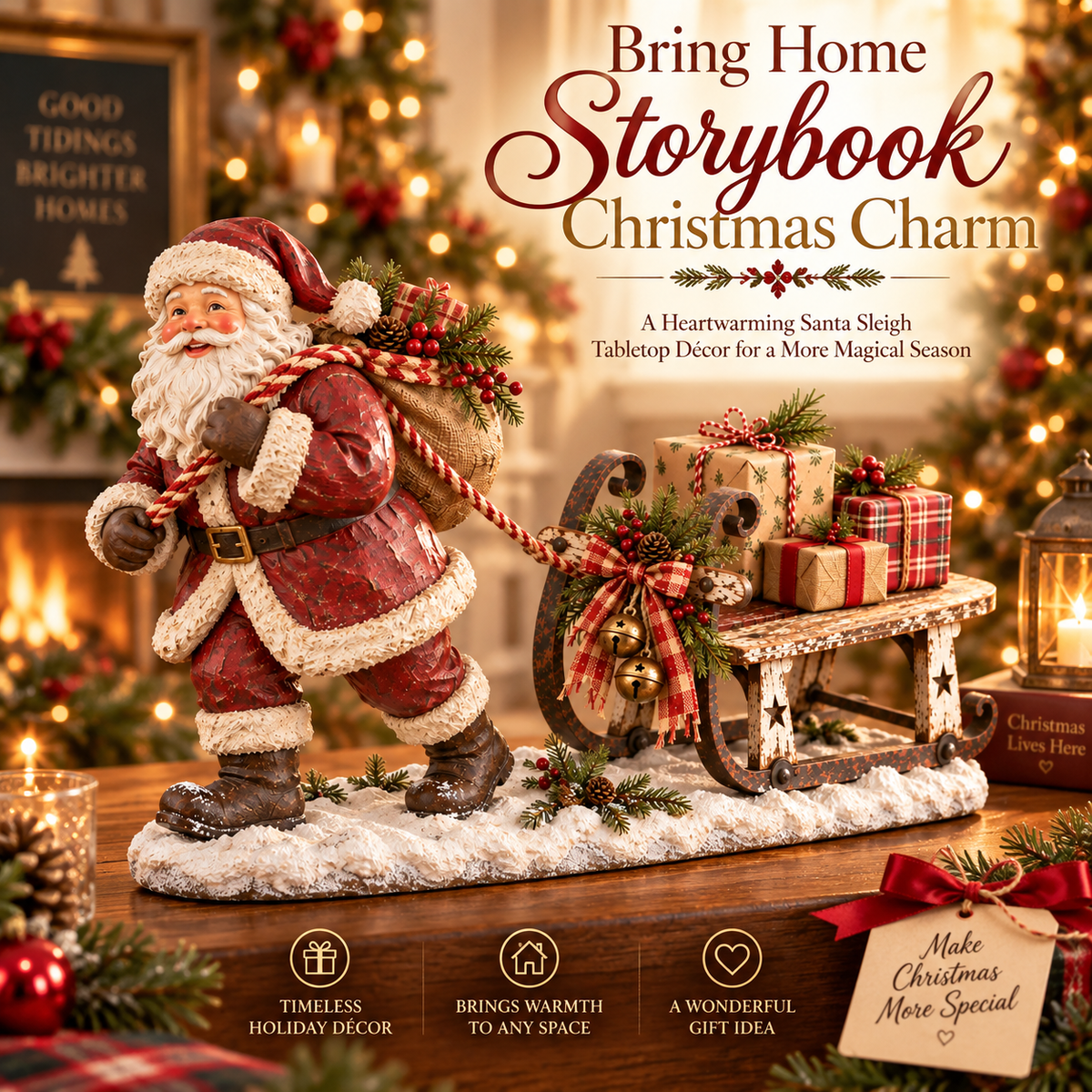 🎅🛷 Santa's Christmas Sleigh Farmhouse Table Decor — Festive Centerpiece with Gift-Filled Sleigh