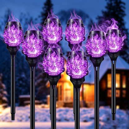 💀 Solar Purple Flickering Skull Flame Torch Lights: Spooky Halloween Outdoor Decor! 🎃