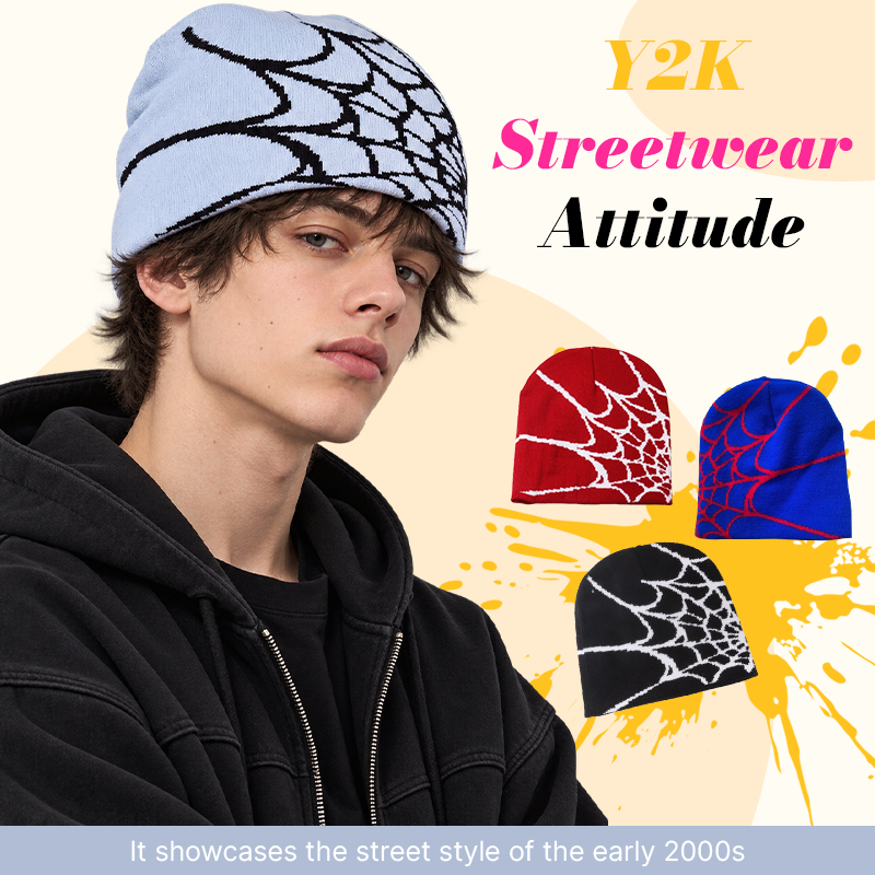 🕸️📼 Y2K Spiderweb Winter Beanie — Alternative Streetwear Hat with Bold Web Graphic