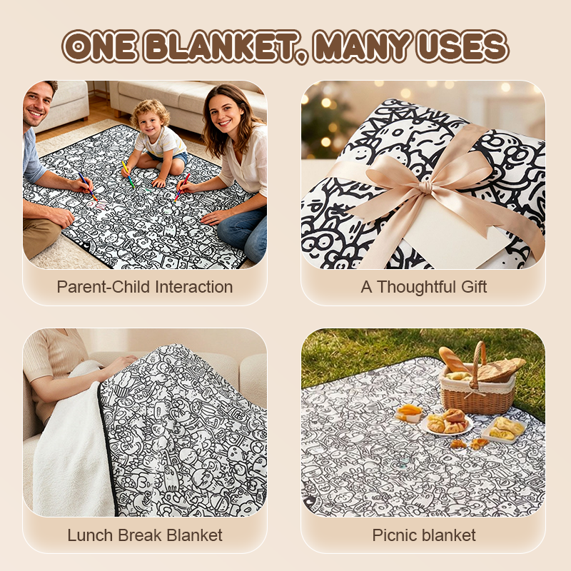 🎨 Color your own cartoon blanket – black & white graffiti, cozy lamb fleece back! 🖍️✨