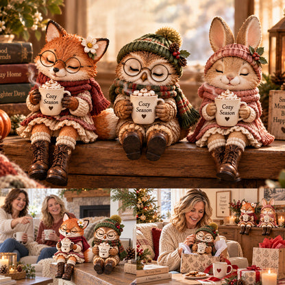 🦊🦉🐰 Cozy Christmas Animal Companion Figurines — Fox, Owl & Bunny with Warm Drink Cups