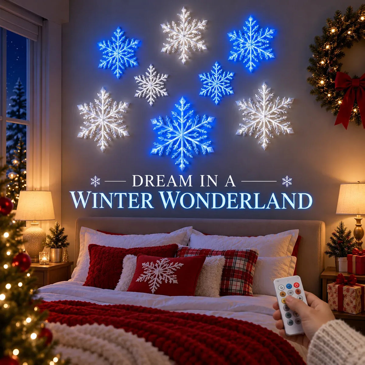❄️✨ LED Snowflake Wall Lights — 3D Holiday Decor with Remote Control, Blue & White Glow