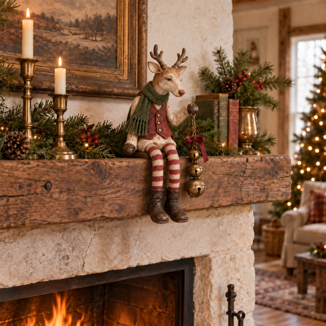 🦌🔔 Sitting Reindeer Figurine — Festive Christmas Shelf Sitter with Dangling Legs & Bell Accent