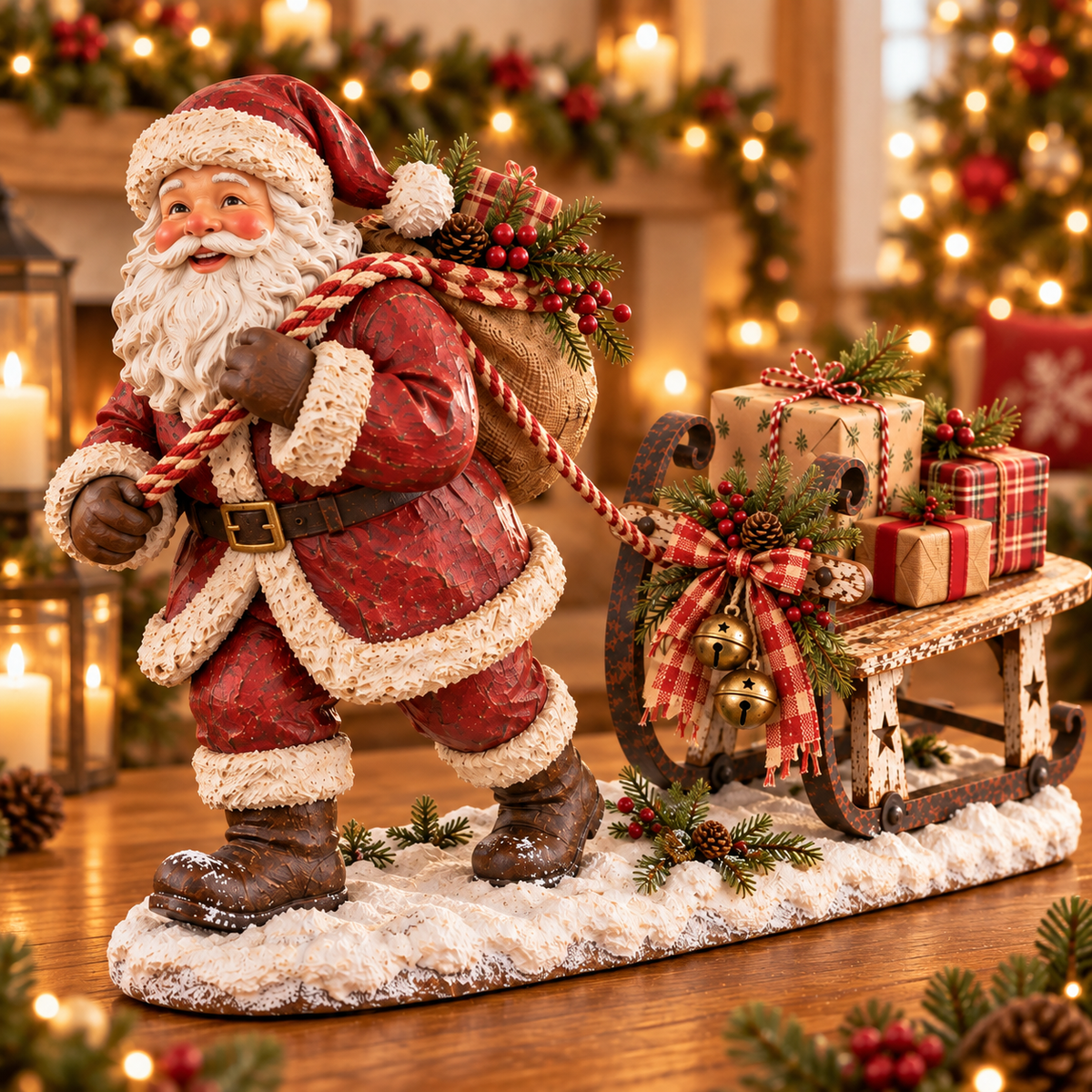 🎅🛷 Santa's Christmas Sleigh Farmhouse Table Decor — Festive Centerpiece with Gift-Filled Sleigh