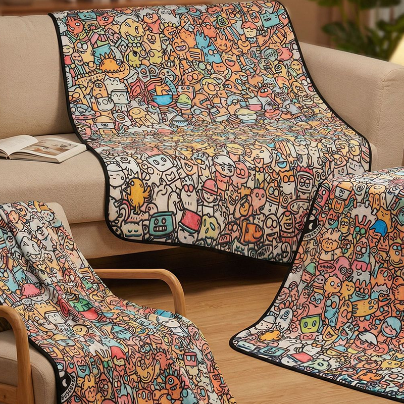🎨 Color your own cartoon blanket – black & white graffiti, cozy lamb fleece back! 🖍️✨