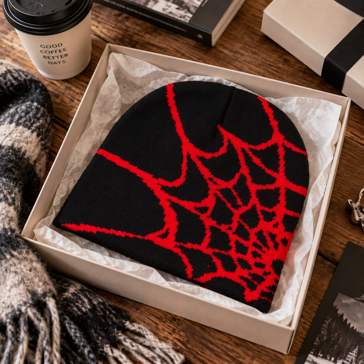 🕸️📼 Y2K Spiderweb Winter Beanie — Alternative Streetwear Hat with Bold Web Graphic
