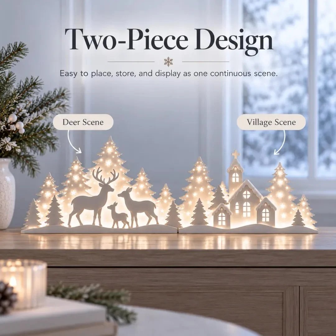 🦌 Soft-Lit Deer Village — Two-Part Christmas Windowsill Scene