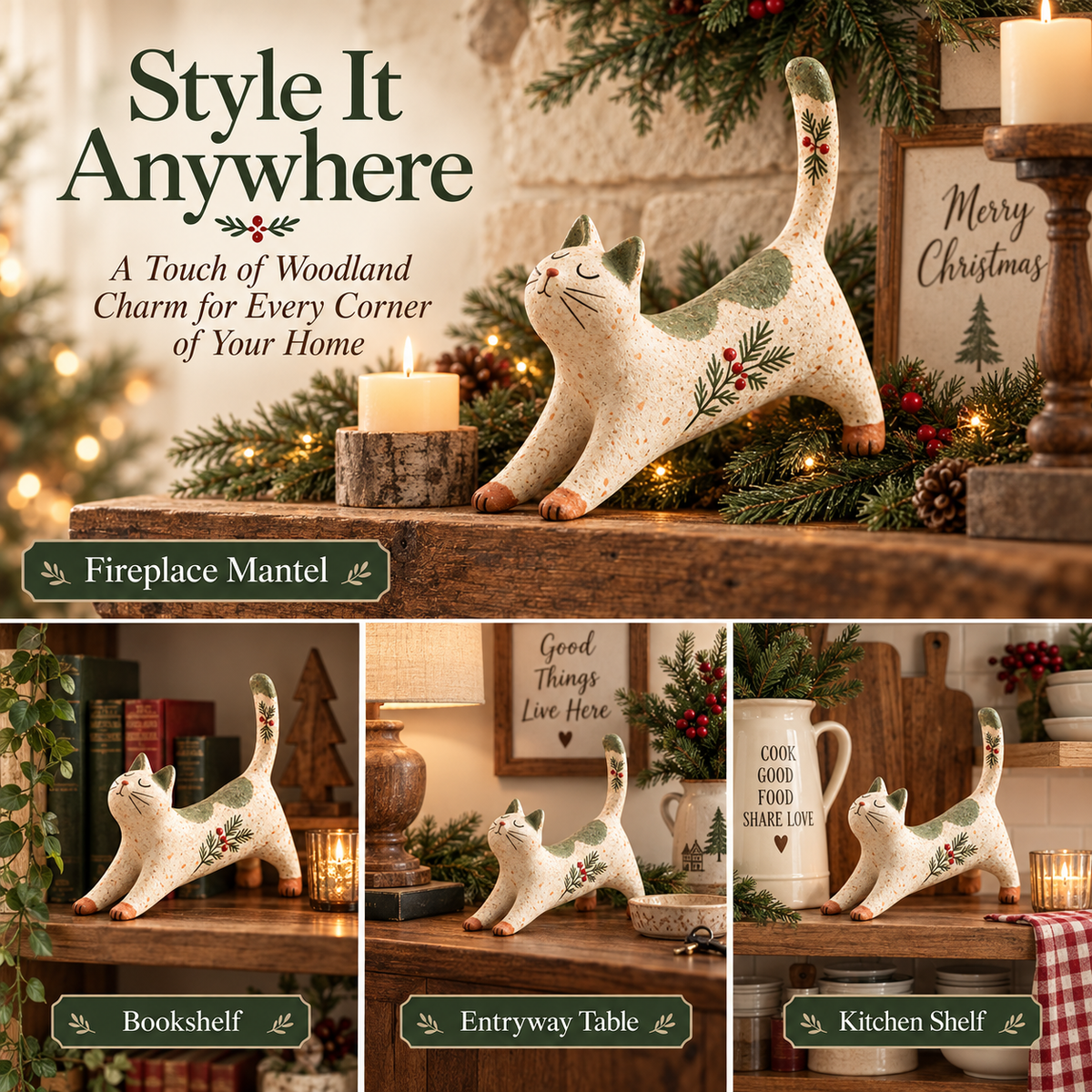 🐈🎄 Woodland Christmas Cat Figurine--a cosy little woodland friend for your holiday home
