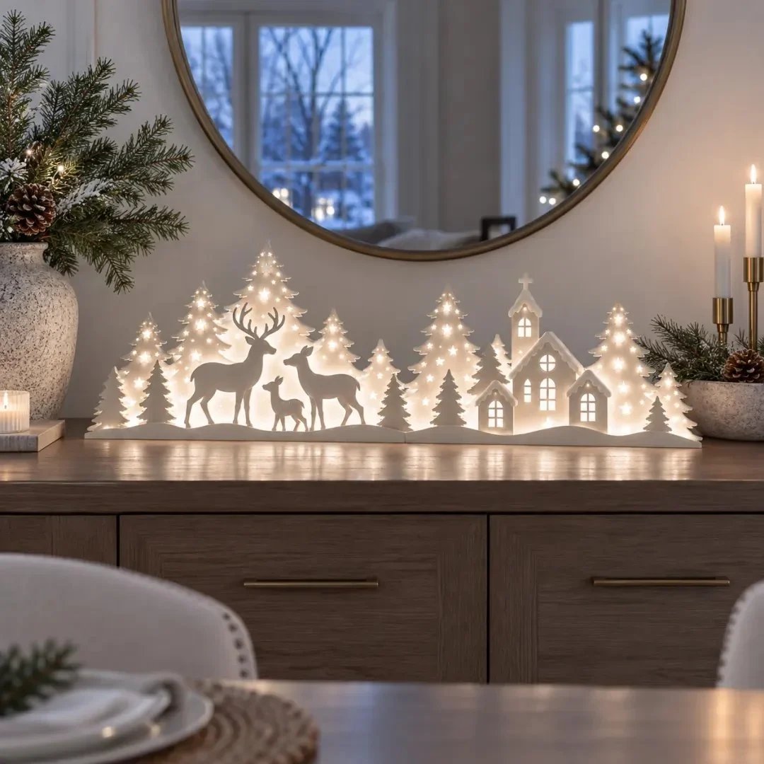 🦌 Soft-Lit Deer Village — Two-Part Christmas Windowsill Scene