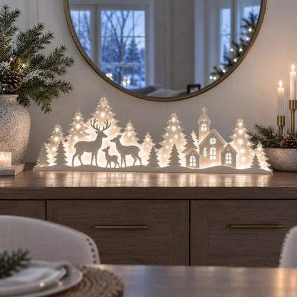 🦌 Soft-Lit Deer Village — Two-Part Christmas Windowsill Scene