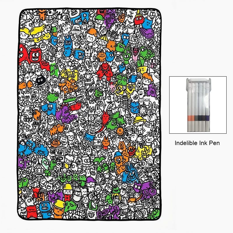 🎨 Color your own cartoon blanket – black & white graffiti, cozy lamb fleece back! 🖍️✨