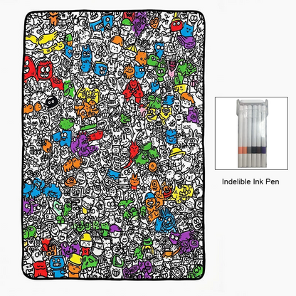🎨 Color your own cartoon blanket – black & white graffiti, cozy lamb fleece back! 🖍️✨