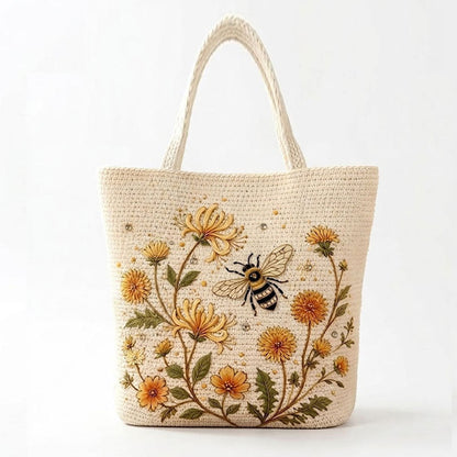 🌼 Handmade Crochet Bee Tote Bag: Premium Floral Embroidery & Boho Chic Shoulder Purse! 🐝
