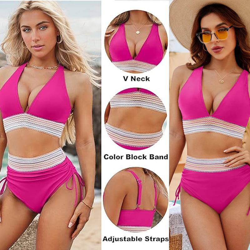🔥S~4XL available🔥2025 High Waisted Tummy Control Color Block Bikinisets