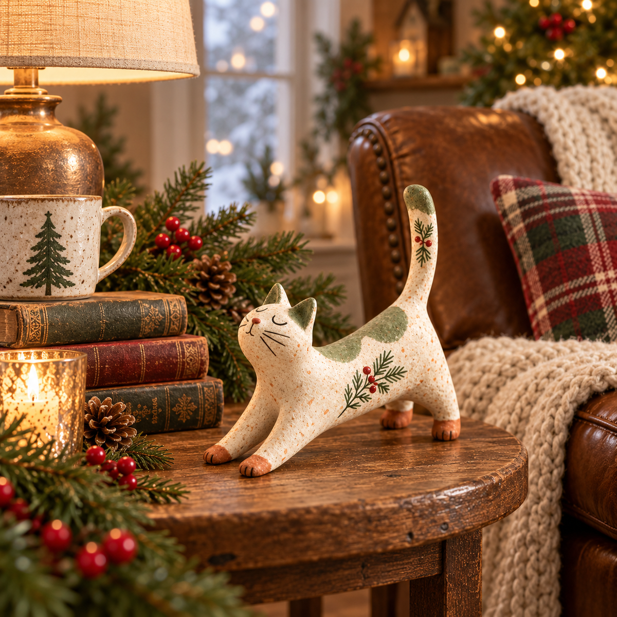 🐈🎄 Woodland Christmas Cat Figurine--a cosy little woodland friend for your holiday home