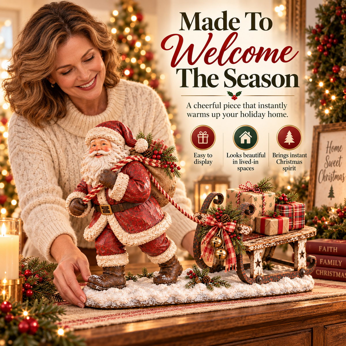 🎅🛷 Santa's Christmas Sleigh Farmhouse Table Decor — Festive Centerpiece with Gift-Filled Sleigh