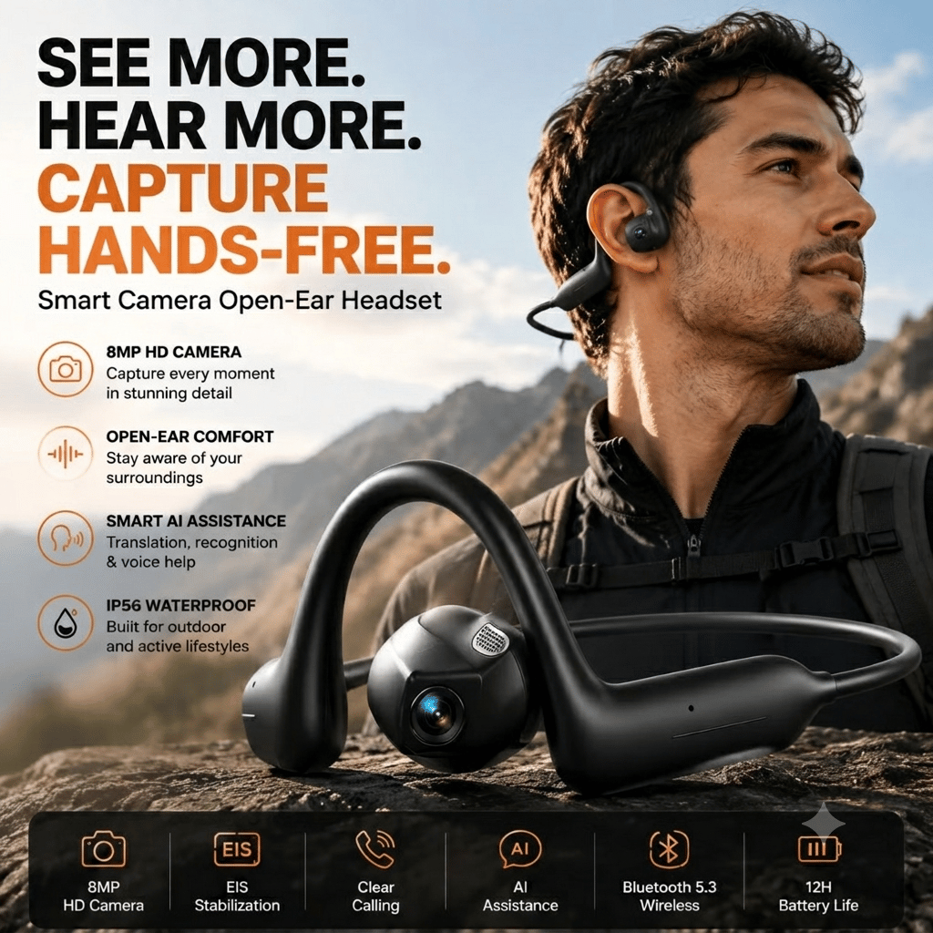 🎧 8MP Smart Camera Open-Ear Headset: Hands-Free POV Video & Audio! 🎥