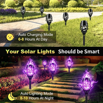 💀 Solar Purple Flickering Skull Flame Torch Lights: Spooky Halloween Outdoor Decor! 🎃