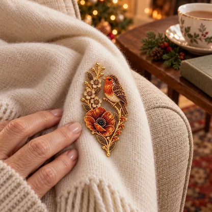 🐦🌺 Robin & Poppy Crystal Brooch — Vintage Woodland Sparkle