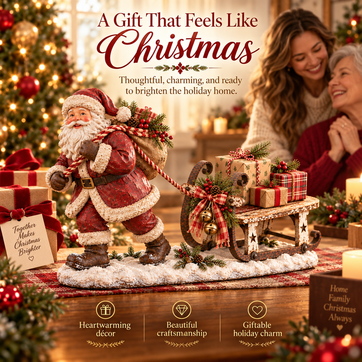 🎅🛷 Santa's Christmas Sleigh Farmhouse Table Decor — Festive Centerpiece with Gift-Filled Sleigh