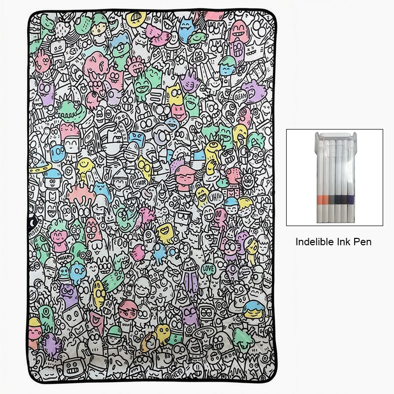 🎨 Color your own cartoon blanket – black & white graffiti, cozy lamb fleece back! 🖍️✨