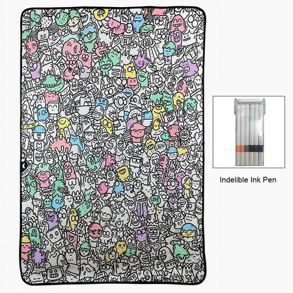 🎨 Color your own cartoon blanket – black & white graffiti, cozy lamb fleece back! 🖍️✨