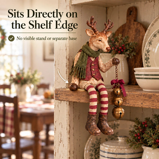 🦌🔔 Sitting Reindeer Figurine — Festive Christmas Shelf Sitter with Dangling Legs & Bell Accent