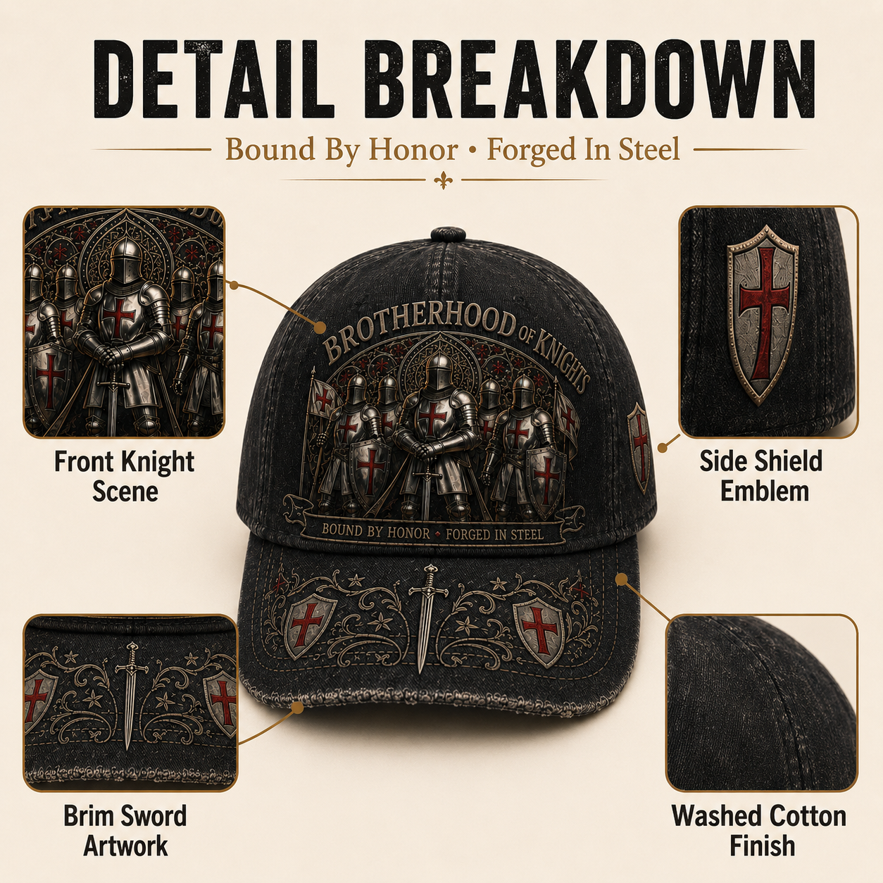 ⚔️ "Brotherhood of Knights" Vintage Cap: Distressed Cotton Baseball Hat for Men! 🛡️