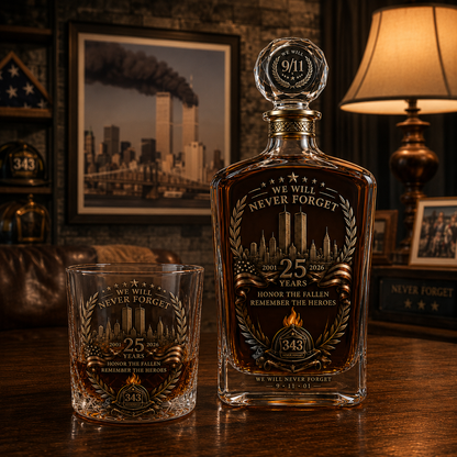 🕯️🇺🇸 9/11 25th Anniversary Whisky Decanter Set — Commemorative Tribute to 343 Heroes
