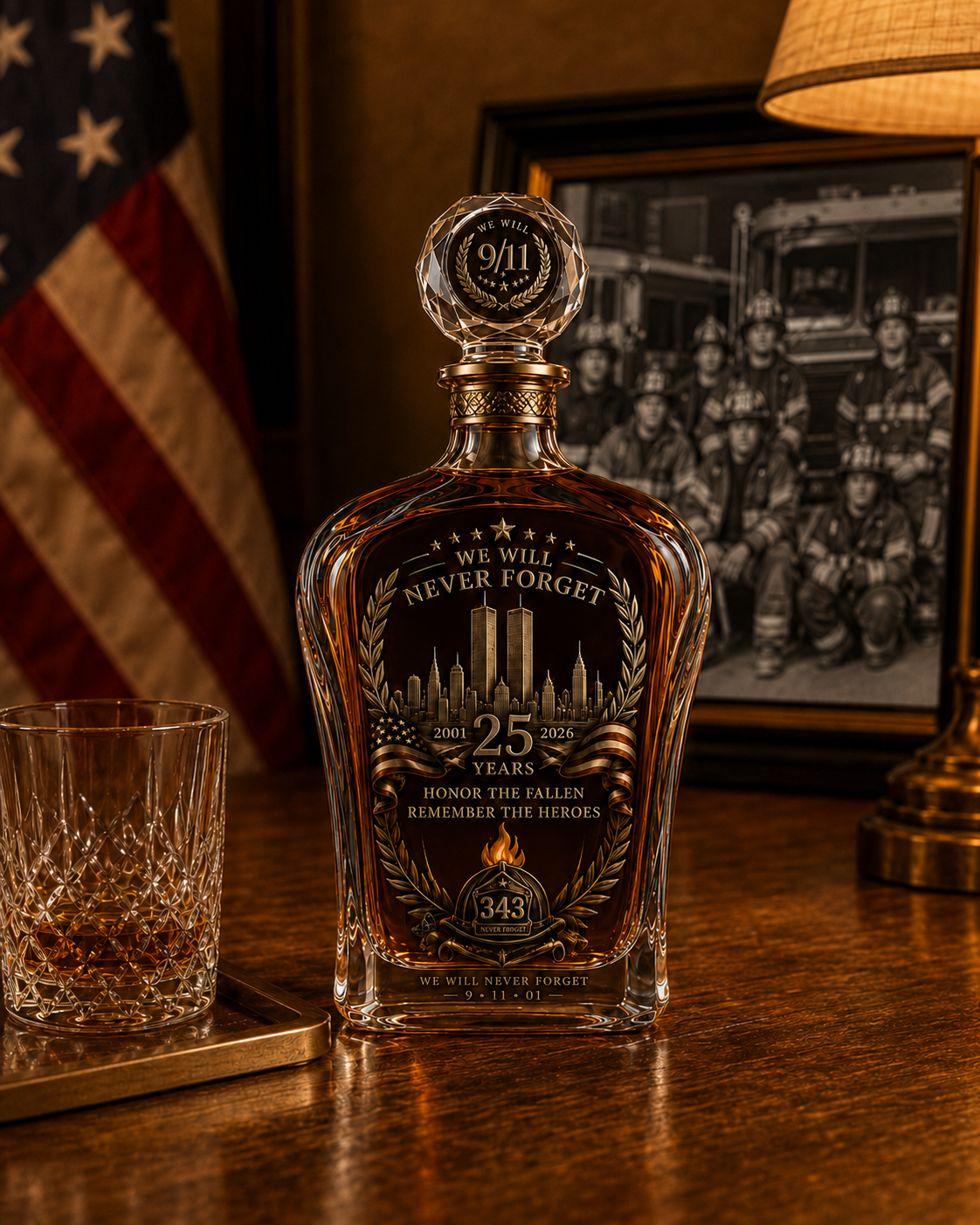 🕯️🇺🇸 9/11 25th Anniversary Whisky Decanter Set — Commemorative Tribute to 343 Heroes