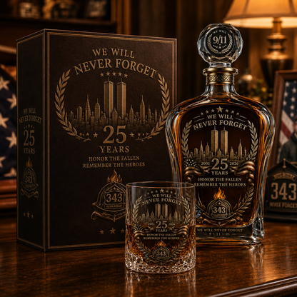 🕯️🇺🇸 9/11 25th Anniversary Whisky Decanter Set — Commemorative Tribute to 343 Heroes