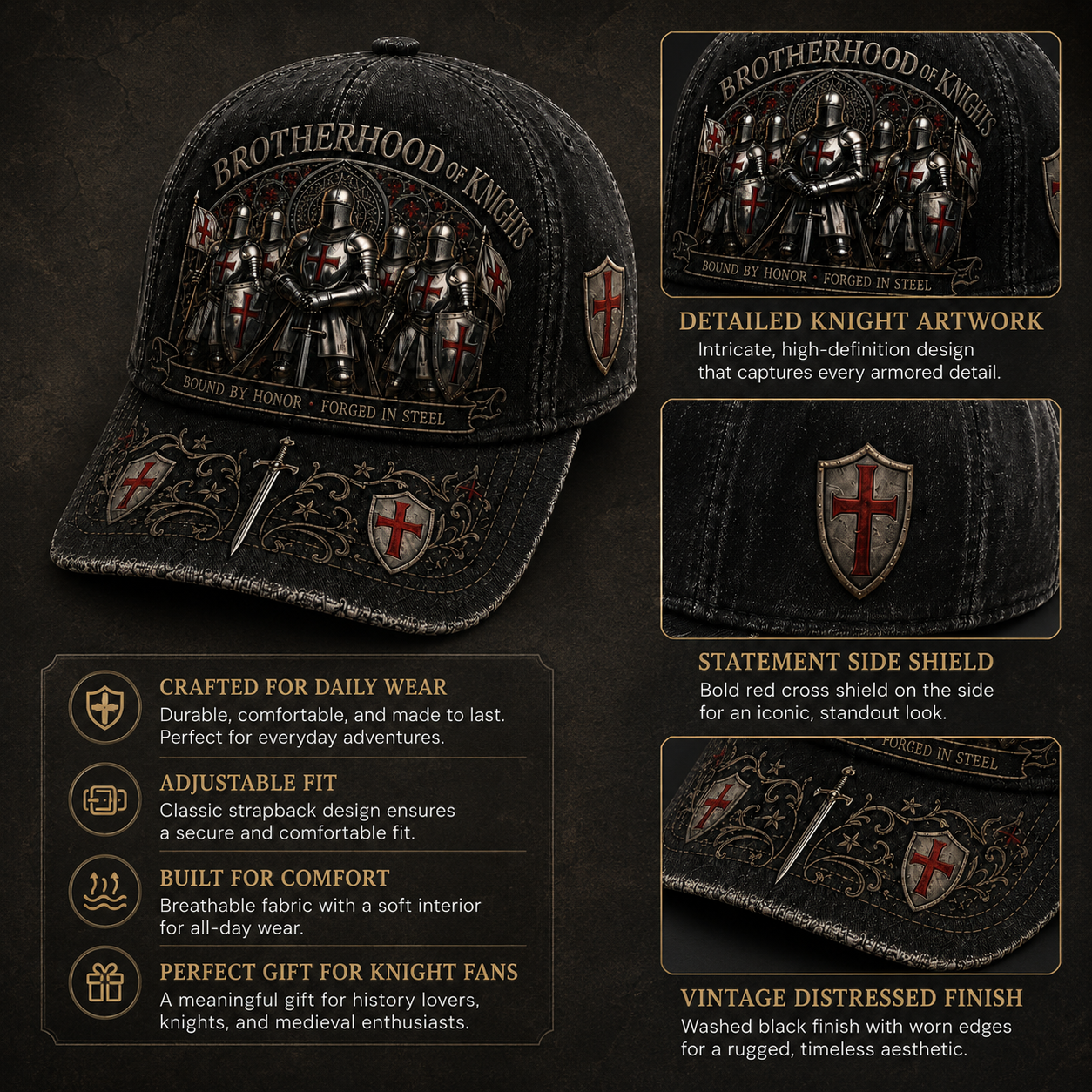 ⚔️ "Brotherhood of Knights" Vintage Cap: Distressed Cotton Baseball Hat for Men! 🛡️