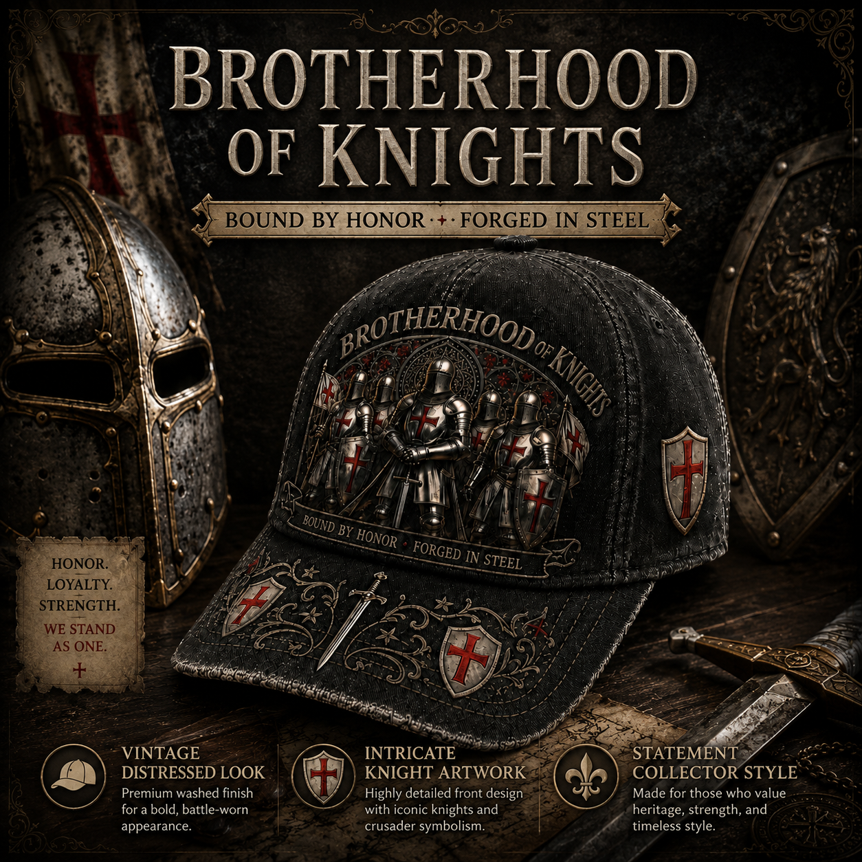 ⚔️ "Brotherhood of Knights" Vintage Cap: Distressed Cotton Baseball Hat for Men! 🛡️