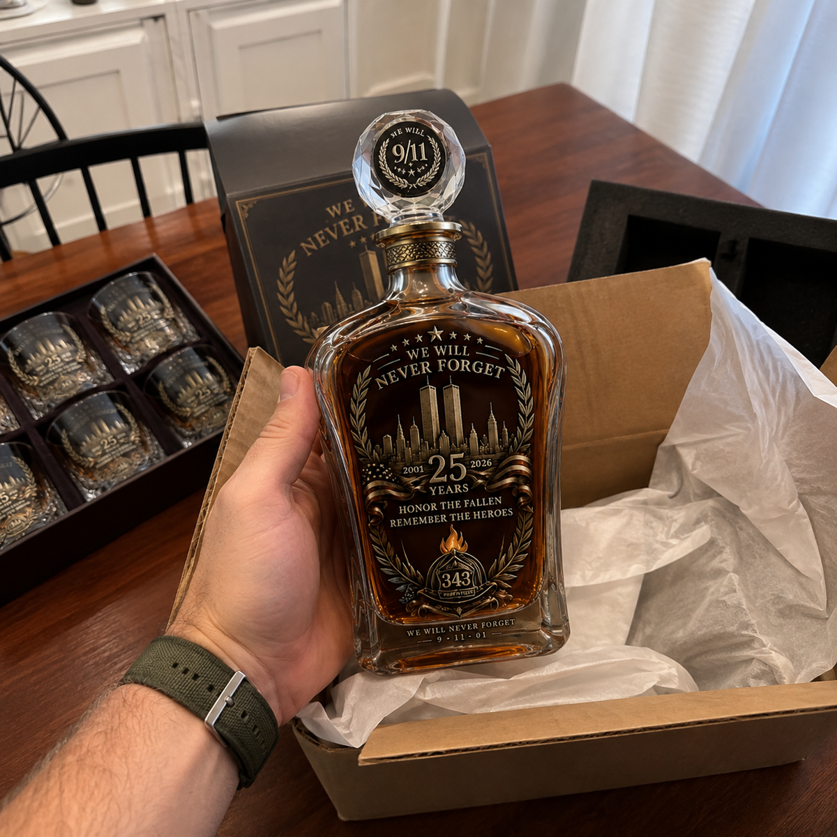 🕯️🇺🇸 9/11 25th Anniversary Whisky Decanter Set — Commemorative Tribute to 343 Heroes