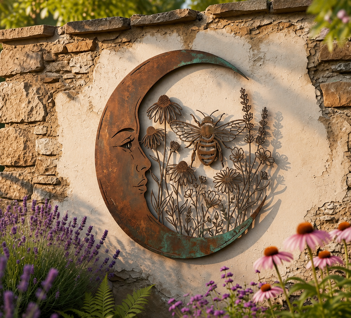 🌙 Celestial Moon & Bee Wall Decor: Whimsical Rustic Outdoor Garden Ornament! 🐝