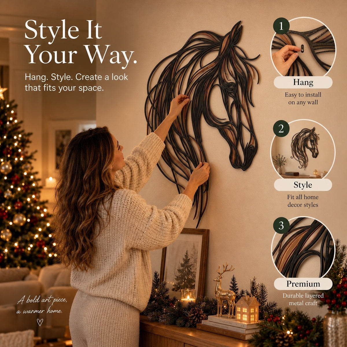 🐎✨ Horse Head Metal Wall Art — Equestrian Openwork Décor in Black, Bronze & Copper
