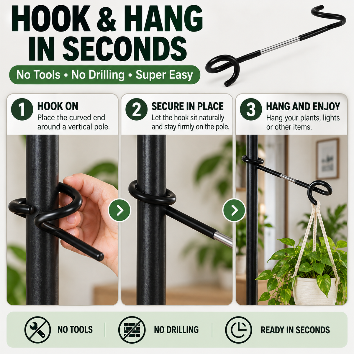 🌿🔩 No-Drill Plant Pole Hanging Hook — Fixed Metal Hook for Extra Greenery Space