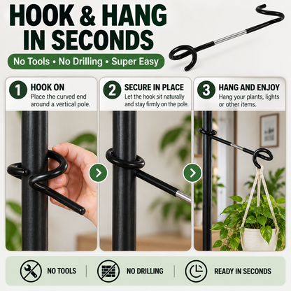 🌿🔩 No-Drill Plant Pole Hanging Hook — Fixed Metal Hook for Extra Greenery Space